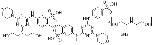 2-[2-[4-[[4-[二(2-羟基乙基)氨基]-6-(4-吗啉基)-1,3,5-三嗪-2-基]氨基]-2-磺基苯基]乙烯基]-5-[[4-(4-吗啉基)-6-[(4-磺基苯基)氨基]-1,3,5-三嗪-2-基]氨基]苯磺酸钠盐二乙醇胺盐分子结构 (CAS 93804-40-1)
