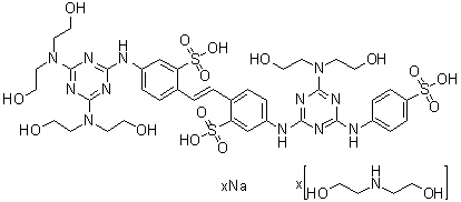5-[[4,6-二[二(2-羟基乙基)氨基]-1,3,5-三嗪-2-基]氨基]-2-[2-[4-[[4-[二(2-羟基乙基)氨基]-6-[(4-磺基苯基)氨基]-1,3,5-三嗪-2-基]氨基]-2-磺基苯基]乙烯基]苯磺酸钠盐二乙醇胺盐分子结构 (CAS 93965-03-8)