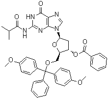 5'-O-[Bis(4-methoxyphenyl)phenylmethyl]-2'-deoxy-N-(2-methyl-1-oxopropyl)-Guanosine 3'-benzoate molecular structure (CAS 93966-65-5)