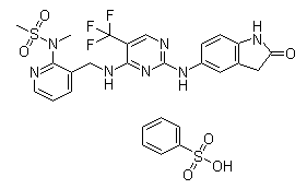 structure of CAS# 939791-38-5, PF-562271 benzenesulfonate ;N-[3-[[[2-[(2,3-Dihydro-2-oxo-1H-indol-5-yl)amino]-5-(trifluoromethyl)-4-pyrimidinyl]amino]methyl]-2-pyridinyl]-N-methyl-methanesulfonamide benzenesulfonate