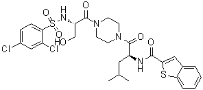 N-[(1S)-1-[[4-[(2S)-2-[[(2,4-Dichlorophenyl)sulfonyl]amino]-3-hydroxypropanoyl]-1-piperazinyl]carbonyl]-3-methylbutyl]-1-benzothiophene-2-carboxamide molecular structure (CAS 942206-85-1)