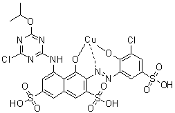 3-[(3-Chloro-2-hydroxy-5-sulfophenyl)azo]-5-[[4-chloro-6-(1-methylethoxy)-1,3,5-triazin-2-yl]amino]-4-hydroxy-2,7-naphthalenedisulfonic acid copper complex molecular structure (CAS 94276-46-7)