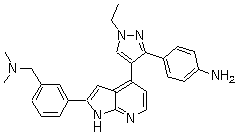 3-[4-[3-(4-Aminophenyl)-1-ethyl-1H-pyrazol-4-yl]-1H-pyrrolo[2,3-b]pyridin-2-yl]-N,N-dimethylbenzenemethanamine molecular structure (CAS 942919-53-1)