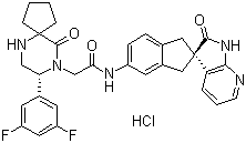 结构式 CAS# 957116-20-0, MK 3207 盐酸盐; (8R)-8-(3,5-二氟苯基)-10-氧代-N-[(2R)-1,1',2',3-四氢-2'-氧代螺[2H-茚-2,3'-[3H]吡咯并[2,3-b]吡啶]-5-基]-6,9-二氮杂螺[4.5]癸烷-9-乙酰胺盐酸盐