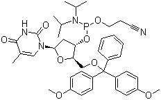 structure of CAS# 98796-51-1, 5'-Dimethoxytrityl-3'-deoxythymidine 2'-[(2-cyanoethyl)-(N,N-diisopropyl)]-phosphoramidite;5'-O-[Bis(4-methoxyphenyl)phenylmethyl]-thymidine 3'-[2-cyanoethyl bis(1-methylethyl)phosphoramidite]